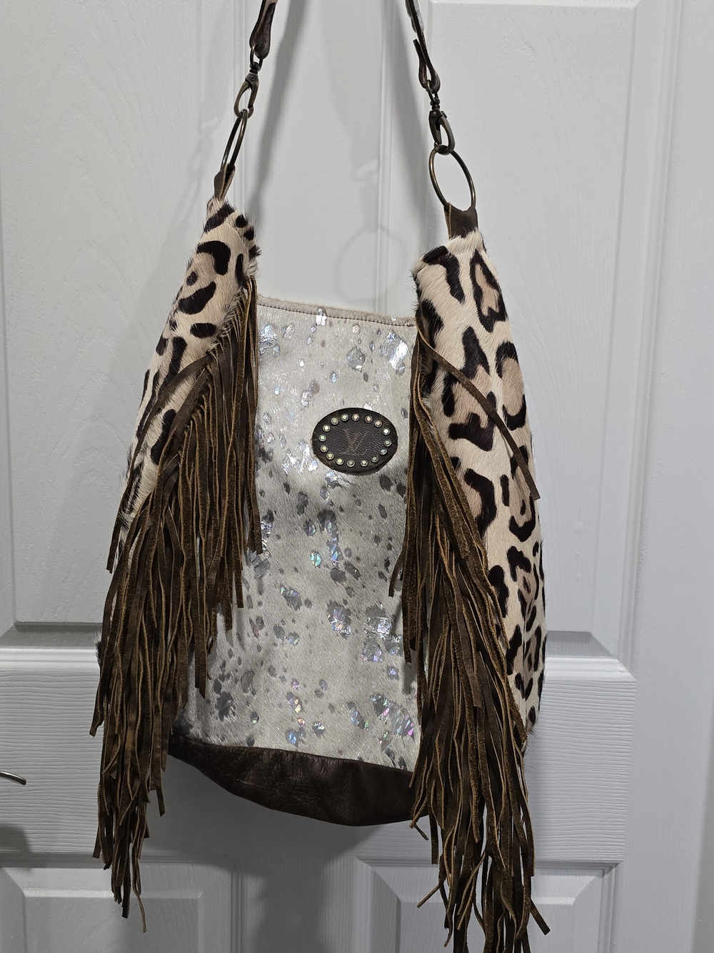 Fringed Leopard-Accent Shoulder Hobo Bag in Brown and Cream